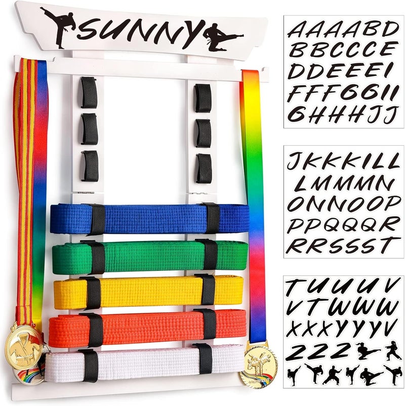 Tilhumt 8 Belt Karate Belt Display Rack with Medal Hanger and Stickers, Taekwondo Belt Display Holder, Martial Arts Belt Display Organizer for Adults, No Assembly Required (Bamboo/Acrylic) - Image 1